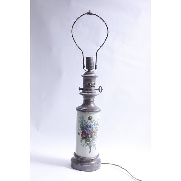 Antique, Table Lamp, 45", Porcelain Stand, Floral Design, Ceramic, Retro Style,
